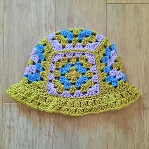 Crochet Granny Square Bucket Hat in Cool Colors (chartreuse, purple, periwinkle)